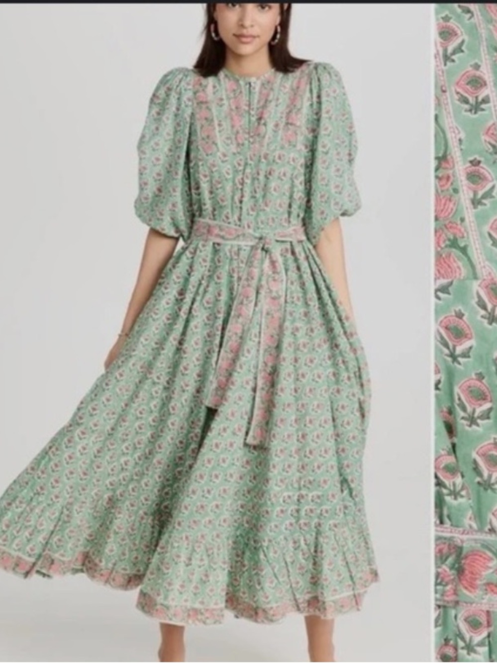 Marea by Liz Joy Green Floral Puff-Sleeve Cotton Midi Dress with Sash size 2